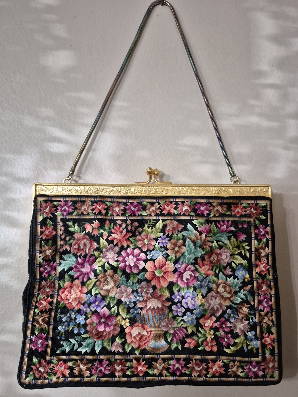 Vintage Floral Petit Point Tapestry Shoulder Bag with Gold Frame